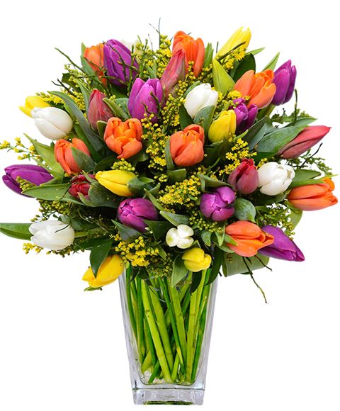 Bouquet Di Tulipani Colorati Gialli Arancio Viola E Bianchi Con Verde E Complementi Decorativi