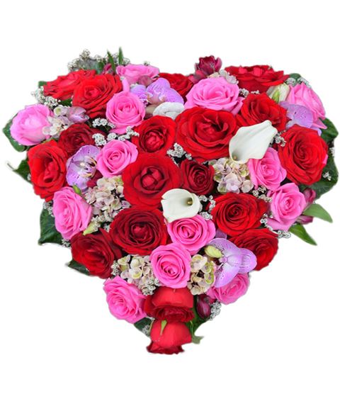 Cuore di rose rosse, rose fucsia, orchidea lilla e calle bianche con verdi e complementi.